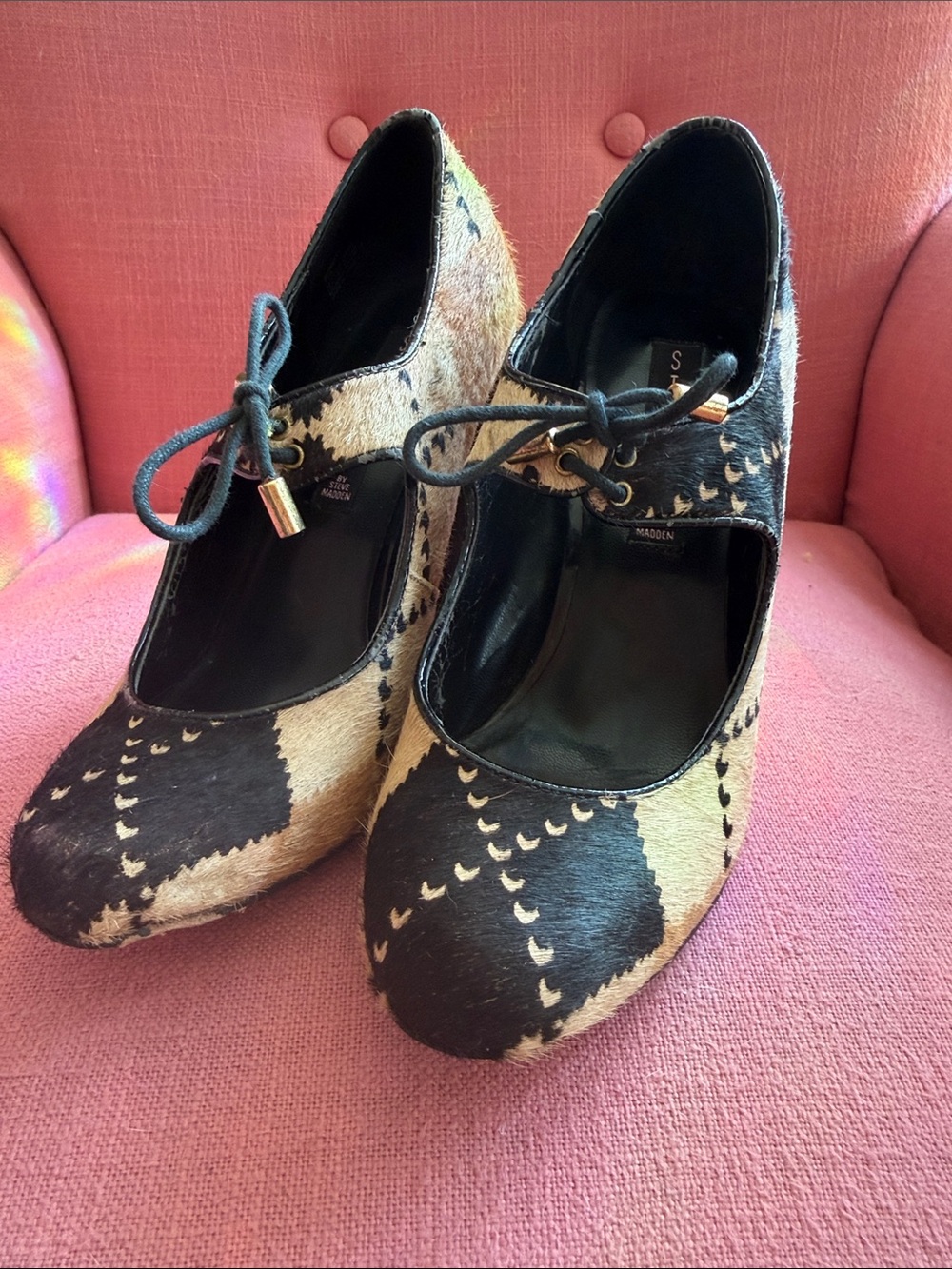 Steve Madden Black and Cream Patterned Lace-Up Heels